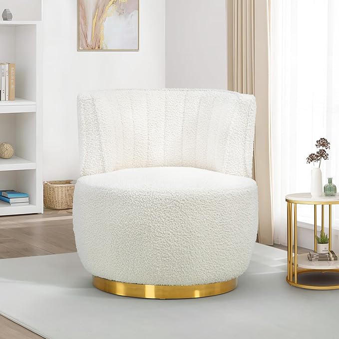 SLEERWAY 360° Swivel Barrel Chair Modern Teddy Round Accent Chair Comfy Upholstered Small Armchair with Gold Metal Base for Living Room Bedroom Nursery Sillas para Sala Cream White