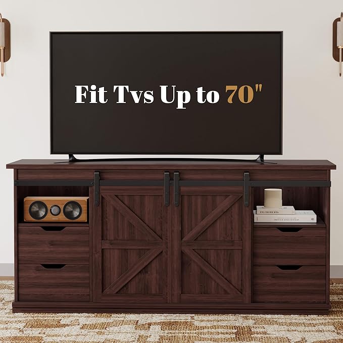 YESHOMY Farmhouse TV Stand for Televisions up to 65 Inch Wood Entertainment Center with Sliding Barn Doors and 4 Storage Drawers 58’’ Media Console Cabinet with Shelves for Living Room Espresso