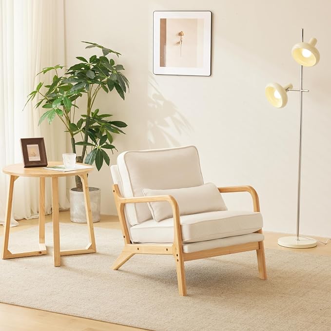 Karl home Accent Chair Mid-Century Modern Chair with Pillow Upholstered Lounge Arm Chair with Solid Wood Frame &amp Soft Cushion for Living Room Bedroom Balcony Linen White (Low Back)