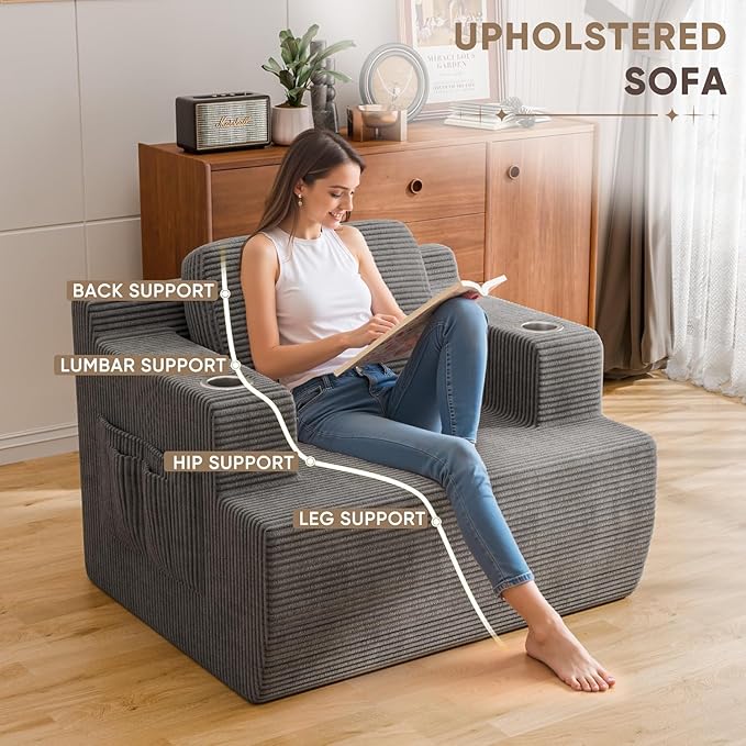 Homall 42” Single Sofa Foam Couch for Small Spaces Upholstered Floor Sofa with Cup Holder &amp Storage Pocket Boneless Couch for Bedroom Living Room (Grey Single)