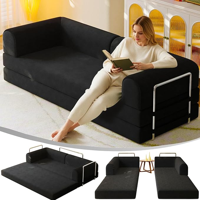 79” Convertible Sofa Bed 35D High-Density Foam&ampCorduroy Fabric Sleeper Couch Bed Fixed-Shape Frame &amp Removable ArmrestsModular Folding Small Loveseat Futo Sectional Funto Couch for Small S