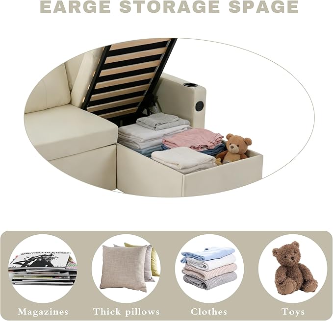 82 Pull Out Sofa BedL-Shape Modern Sleeper Sofa Upholstered Sectional Couch with USB Port and Side Pockets for Living Room and Guest Room (Beige)
