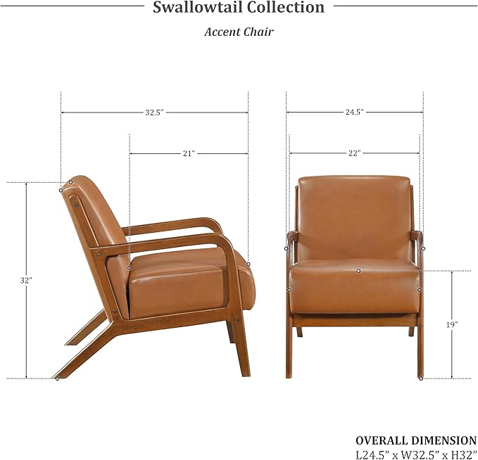 Lexicon Mid Century Modern Accent Chair with Solid Wood Frame and Legs Upholstered Living Room Chairs Comfy Club Chair Faux Leather Armchair for Living Room Bedroom Office Waiting Room Cognac Tan