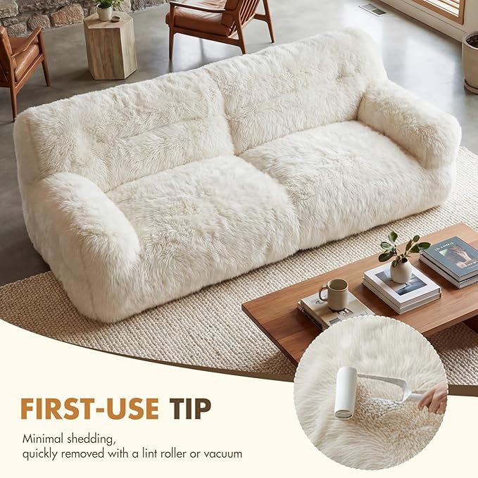 White Compressed Couch 70 2-Seater Fluffy Faux Fur Boneless Loveseat Sofa with Memory Foam for Living Rooms Bedrooms Apartments No Assembly Required | Plush faux fur Memory foam comfort Zero as