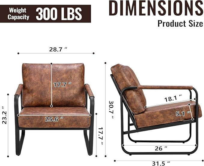 PrimeZone Mid-Century Modern Accent Chair Set of 3 - Comfy Faux Leather Living Room Chair Lounge Armchair with Extra Soft Padded &amp Cushion Ergonomic Accent Chair for Bedroom Office Brown