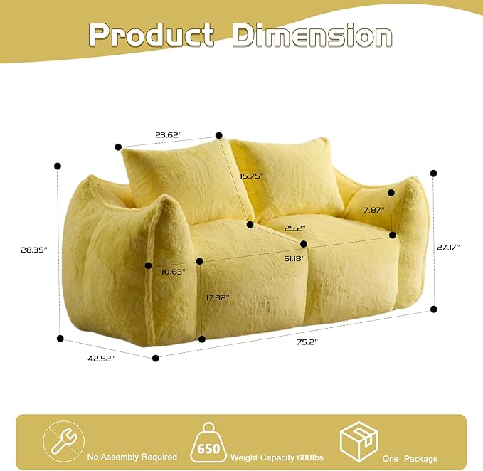 Compressed Sofa Couch in a Box 75” Beige Plush Floor Sofa Couch with Memory Foam for Bedroom Apartment Comfy Upholstered Foam Loveseat with Curved Armrest No Assembly (Yellow)