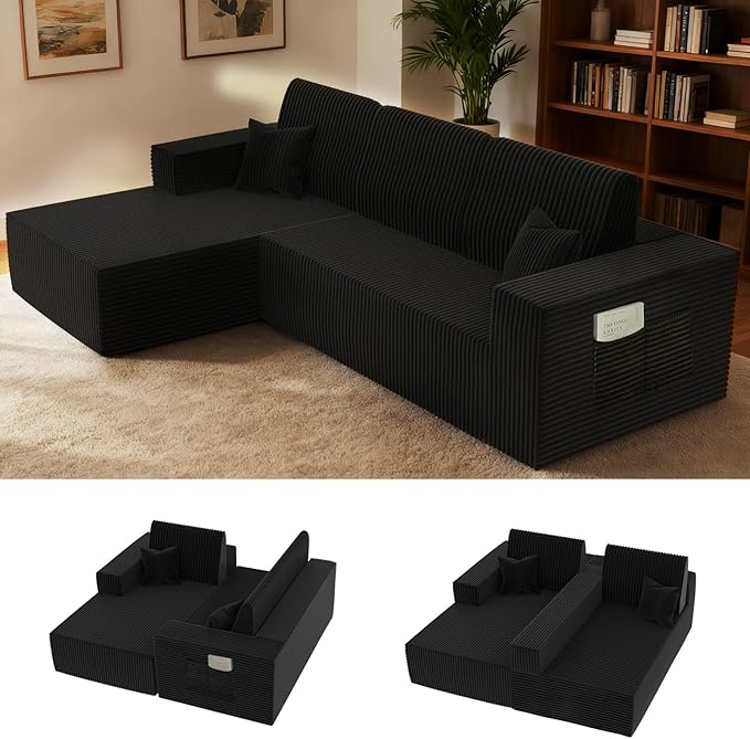 110 Boneless Couch Cloud Modular Sectional Sofa with L-Shape Chaise Modern Upholstered Couches for Living Room Bedroom No Assembly Required (Black 110 Left Facing Chaise+2 Seaters)