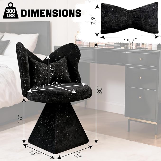 KEIKI 360° Swivel Accent Sofa Chair Armless Chenille Vanity Chair Upholstered Single Sofa Chair for Living Room Bedroom or Vanity Black