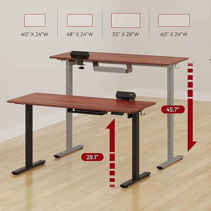 SANODESK Electric Standing Desk with Desk Clamp Power Strip 55x 28 Whole-Piece Desktop Height Adjustable Stand Up Desk with Cable Management Sit Stand Home Office Desk Silver Frame/Mahogany Top