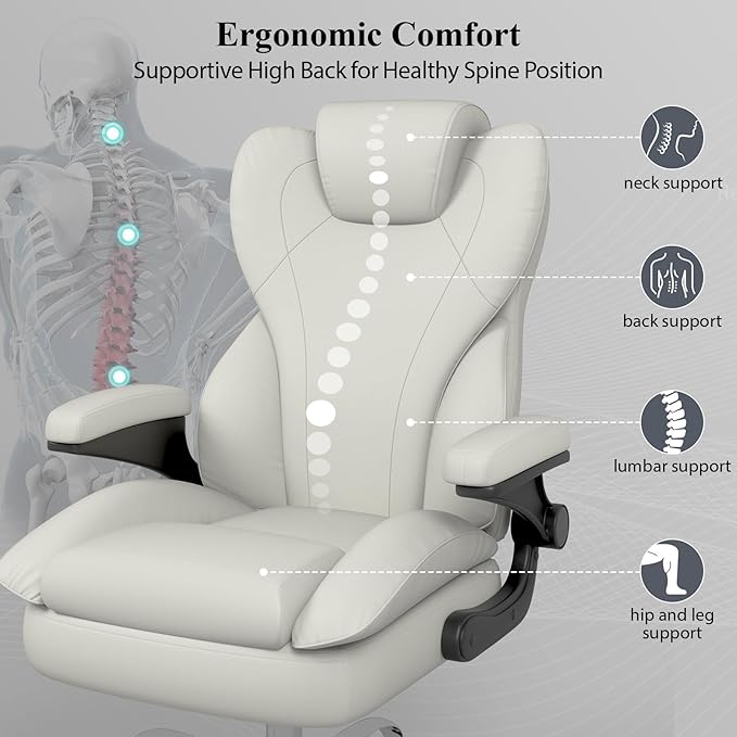 Office Desk Chair Executive Leather Office Chair High Back Ergonomic Home Desk Chair with Padded Flip-up Arms Big and Tall Computer Chair with Rocking Function 360°Swivel Free White