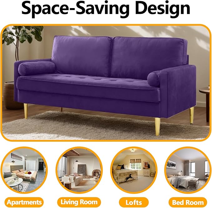 65 Inch Purple Velvet Couch Small Loveseat Sofa &amp Office Sofa for Small Space Smalls Couch for Bedroom Livingroom 2 Pillows Gold Legs Tufted Seat (Purple)