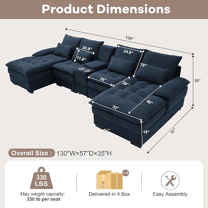 130 U Shaped Cloud Couch Modular Sectional Sofa with Chaise Lounge Comfy Fluffy Cloud Sectional Couches for Living Room Modern Modular Sofa with Central Console (Blue)