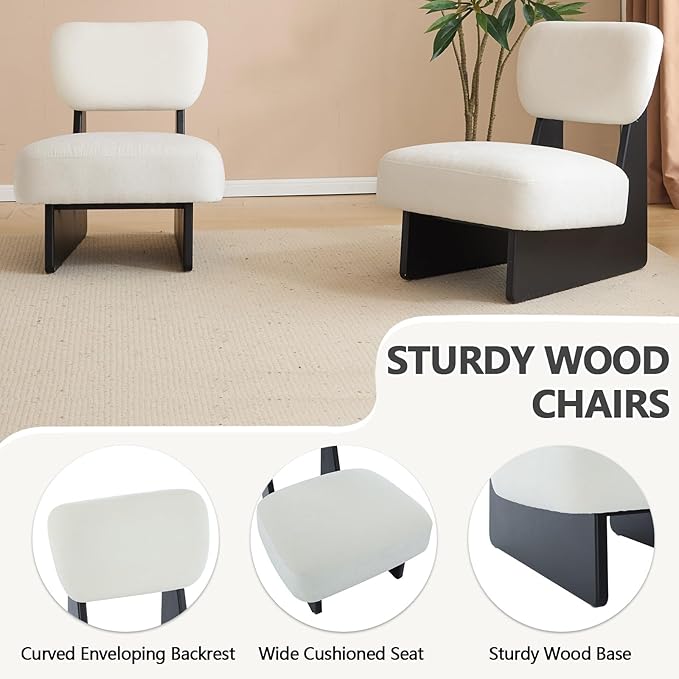 White Accent Chair Set of 2 for Small Spaces Armless Accent Chair for Bedroom Side Chairs &amp Comfy Chairs for Living Room Wood Base Comfy Cushion Bedroom Office (Black+White)