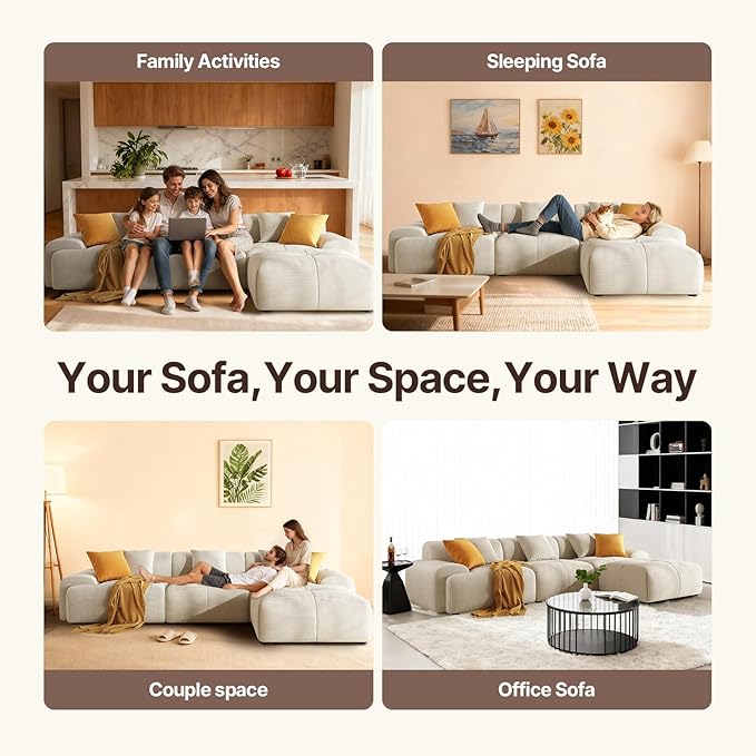 113 Modern L-Shaped Modular Sectional Sofa for Living Room Corduroy Upholstery Beige 3-Seater Cloud Couchand Movable Ottoman – No Assembly Beige
