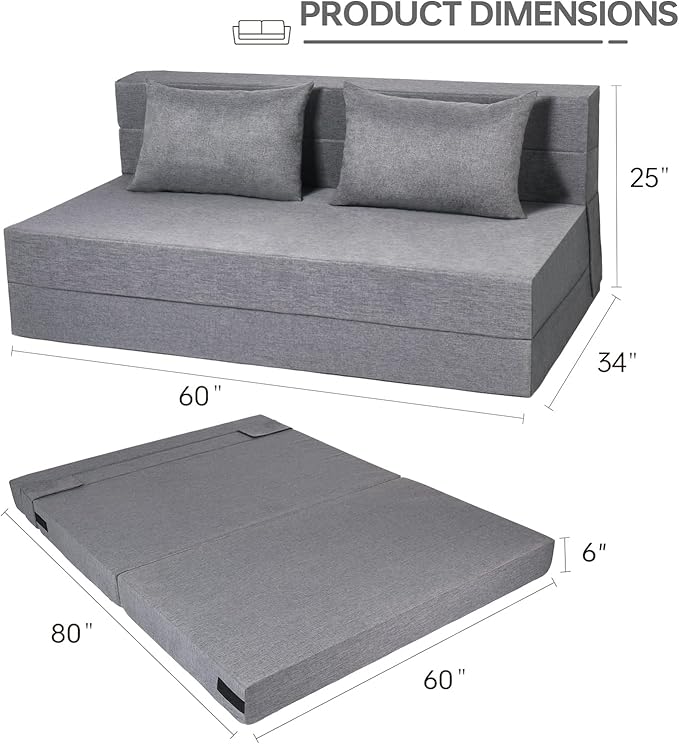 Folding Sofa Bed Foldable Bed Sleeper Chair with Removable Washable Cover Convertible Fold Out Couch with Pillow Futon Couch for Living Room Dorm Guest Room Queen Size Light Grey