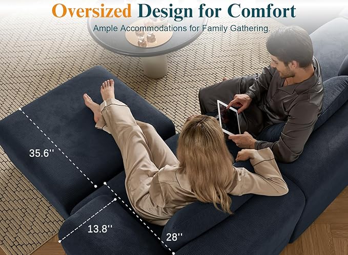Boneless Couches for Living Room V-Shaped Deep Seat Corner Couch 6 Seater Cloud Modular Sectional Sofa Plush Corduroy Convertible Oversized Couches No Assembly Required Blue-Grey