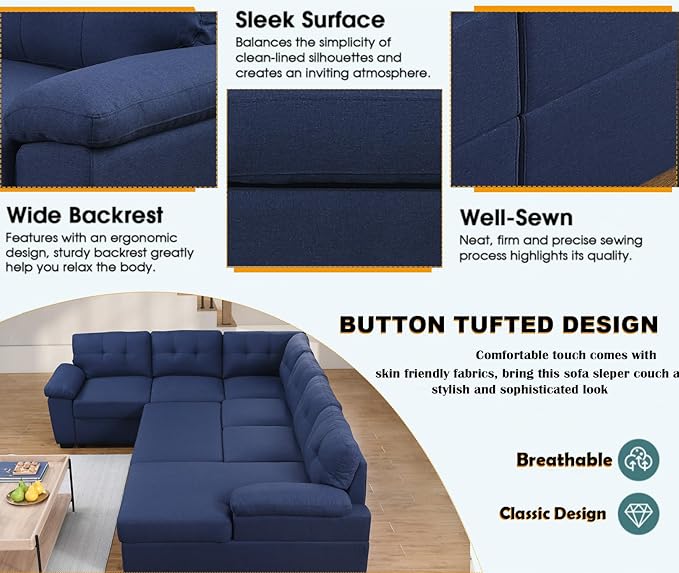 asunflower Sleeper Sofa Sectional Couch with Double Storage Chaise 120-Inch Pull Out Couch for Living Room Apartment U Shaped Easy to Assembly 4-5 Seater Sofa Bed (Navy Blue)