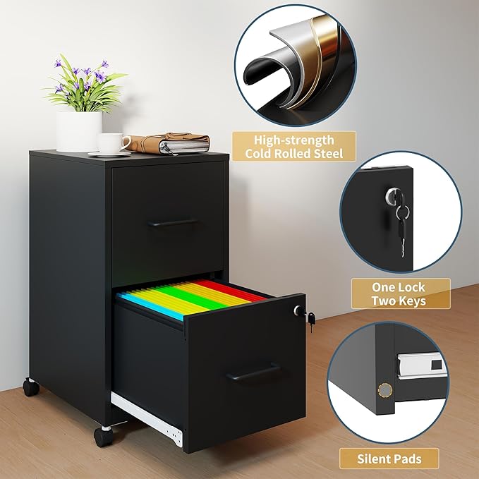 2 Drawer File Cabinet on WheelsMobile Filing Cabinets with LockMetal Storage CabinetVertical Filing Cabinets for Home OfficeRolling File Cabinet for Under DeskAmssebly Required Black