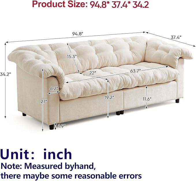 99.2 Cloud Couch Sofa for Living Room 3-Seater Oversized Couches with Thickened Armrests Plush Chenille Fabric &amp Deep Seat Cushions Sofa Modern Comfy Couches for Bedroom Office (White)