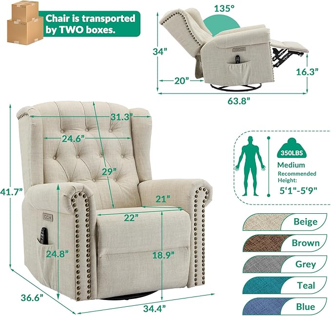 VIVIJASON Power Swivel Rocking Recliner Chair with Massage &amp Heat Electric Rocker Nursery Glider Chair Wingback Tufted Upholstered Recliner W/Type-C &amp USB Ports for Living Room Bedroom Bei