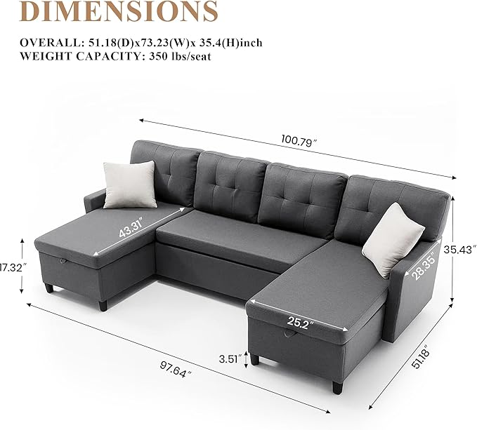 Sleeper Sofa Couch Oversized Pull Out Couch Bed with Storage Chaise Sectional Sleeper Sofa Bed for Living Room (Gray Double)