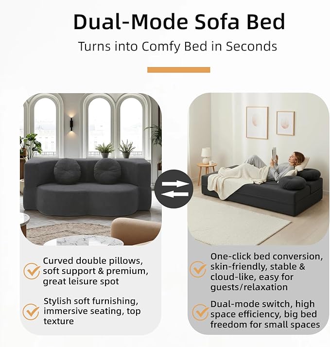 76 Convertible Folding Sofa Bed 2-in-1 Twin Size Loveseat Sleeper Couch Bed with Two Pillows Foldable Space-Saving | Design for Dorms Apartments BedroomNo Assemble(Black)