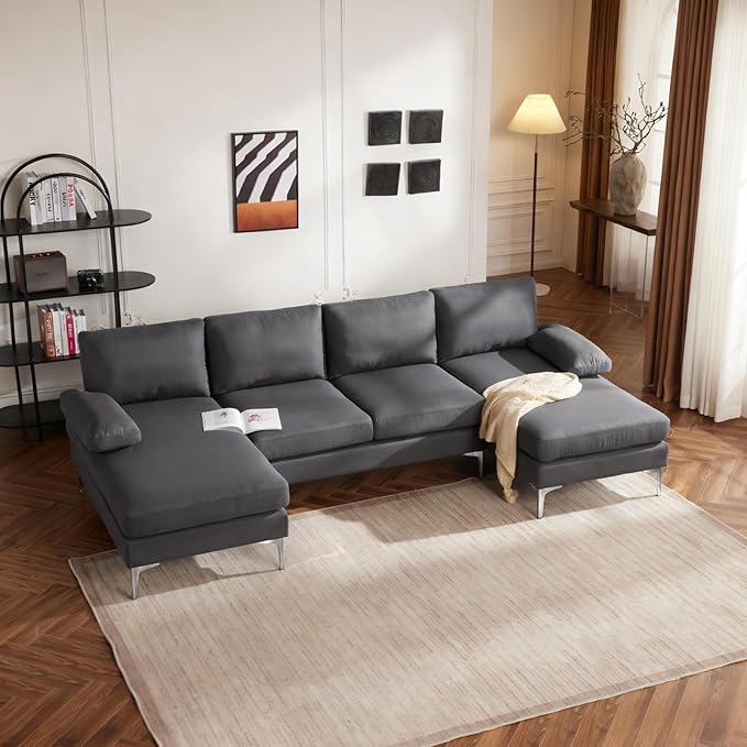 Karl home 110 Sectional Sofa U-Shaped 4-Seat Couch with Chaises Linen Fabric Upholstered for Living Room Apartment Office Dark Gray