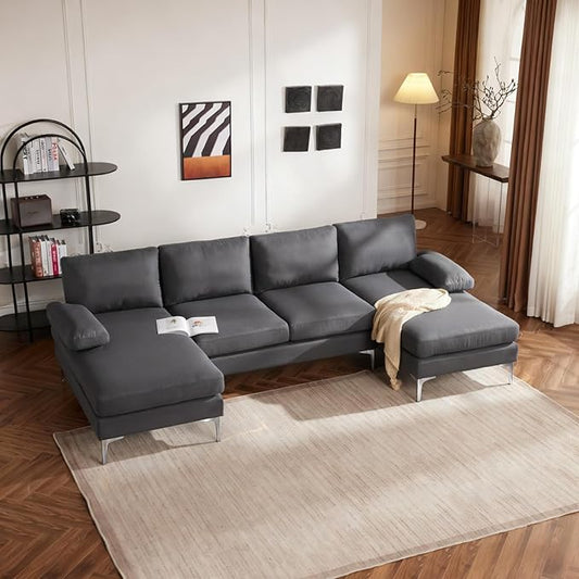 Karl home 110 Sectional Sofa U-Shaped 4-Seat Couch with Chaises Linen Fabric Upholstered for Living Room Apartment Office Dark Gray