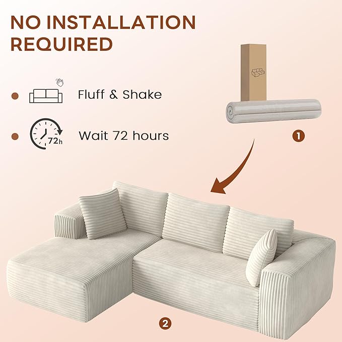 No-Assembly Cloud Sectional Sofa with L-Shaped Chaise Modern Modular Design for Living Room Features Deep Seat and Plush Corduroy Fabric Effortless Setup for Instant ComfortBeige