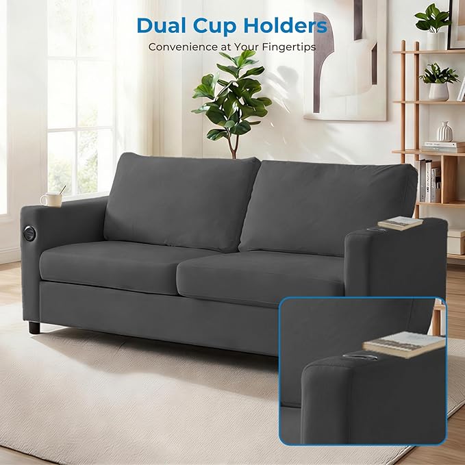 Mjkone 80 Queen Size Pull Out Sofa Bed Velvet 2-in-1 Convertible Sleeper Sofa Bed with Memory Foam Mattress Cup Holder USB Charging PortsGuest Couch Bed for Living Room Small Spaces - Grey