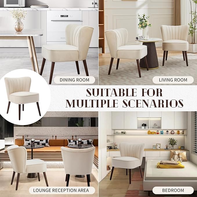 Velvet Accent Chair Set of 2 with Wing Backrest Mid Century Modern Living Room Chairs with Wooden Legs Comfy Single Sofa Side Chair for Living Room Kitchen Dining Room Bedroom Beige