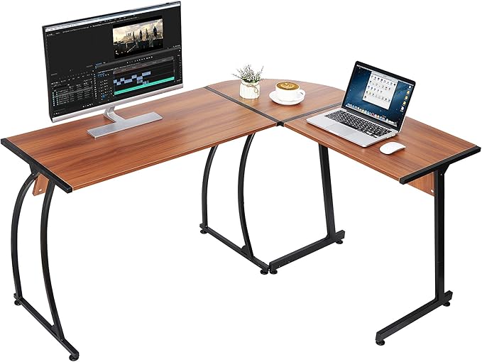 Modern L-Shaped Home Office Desk with Round Corner Computer Desk Gaming Writing PC Laptop Workstation with Solid Steel Frame Desktop (Walnut)