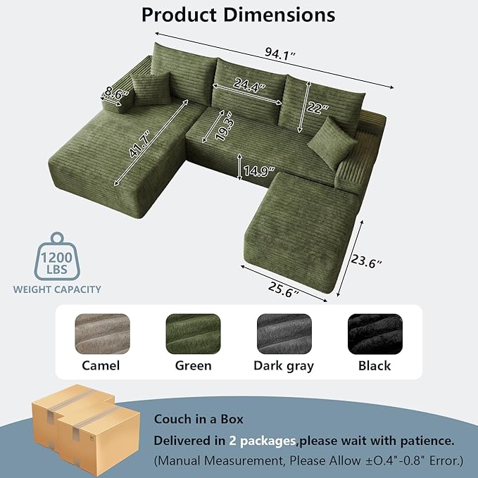 95 Cloud Sectional Couch with OttomanModern U-Shaped Cloud Couch with Deep SeatComfy Corduroy 3-Seater SofaMemory Foam Sofa for Living RoomNo Assembly (GreenLeft-Facing Chaise)