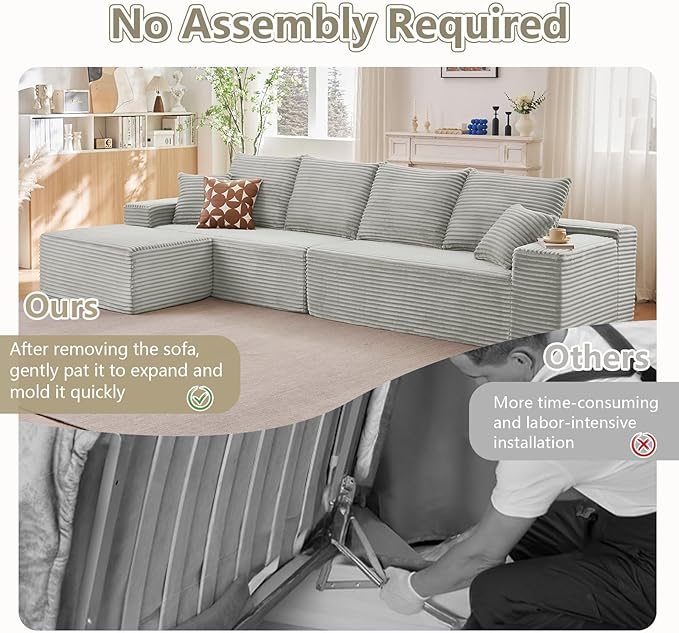 140 L Shaped Cloud Sectional Couch for Living Room Modular Floor Deep-Seat Sofa Big Comfy Corduroy Couches Set with Fluffy Memory Foam for Living Room Bedroom No Assembly Required Grey