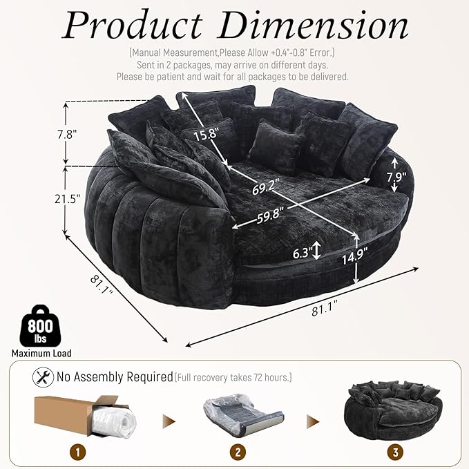 81” Oversized Upholstered Round Sofa Bed Circle Chaise Lounge Chair Indoor Modern Chenille Cloud Couch with 14 Pillows Comfy Bean Bag Chair Reading Couch Fluffy Sleeper Sofa for Living Room(Black)