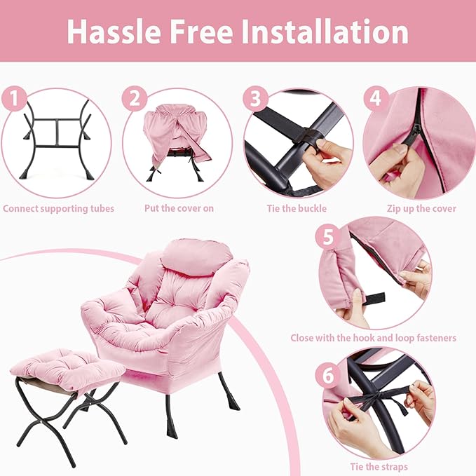 Lazy Chair with Folding Ottoman Accent Chair Velvet Upholstered with Metal Structure and Non-Slip Pads Sofa Armchair with Footrest and Side Storage Bag for Dorm Room Office Pink