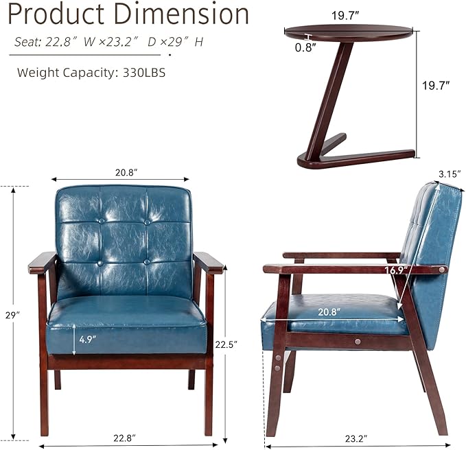 Okeysen Accent Chairs Set of 2 with Side Table Mid Century Modern Accent Chair Retro Wood and Fabric Armchairs Side Lounge Reading Comfy Arm Chair for Living Room Bedroom Office