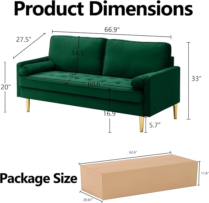 65 Inch Green Velvet Couch Small Loveseat Sofa &amp Office Sofa for Small Space Couch for Bedroom Livingroom 2 Pillows Gold Legs Tufted Seat (Green)