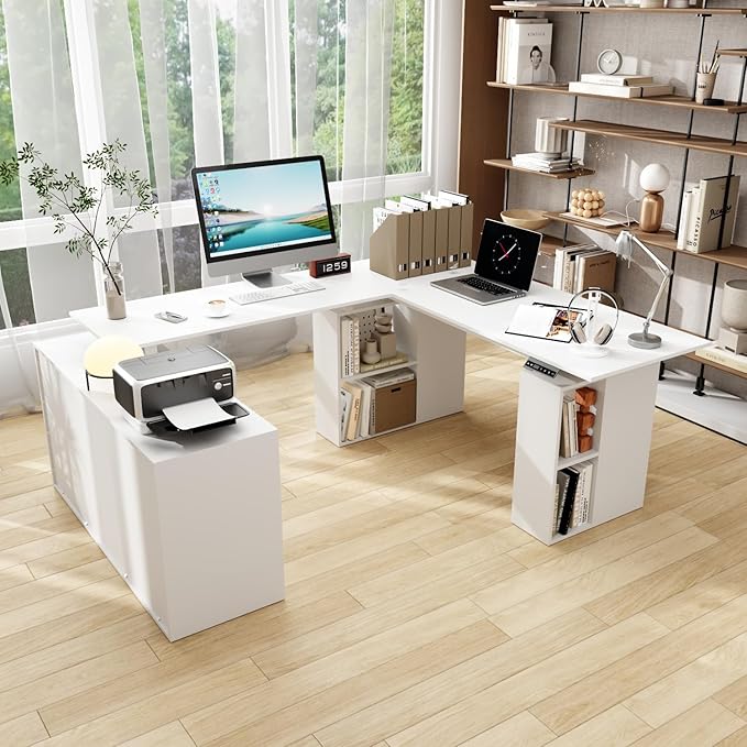 WOODTIME U-Shaped Electric Standing Desk with Drawer Doors &amp Open Shelves Height Adjustable Home Office Computer Stand up Desk with Storage White