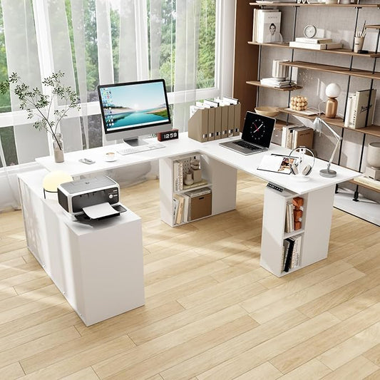 WOODTIME U-Shaped Electric Standing Desk with Drawer Doors &amp Open Shelves Height Adjustable Home Office Computer Stand up Desk with Storage White