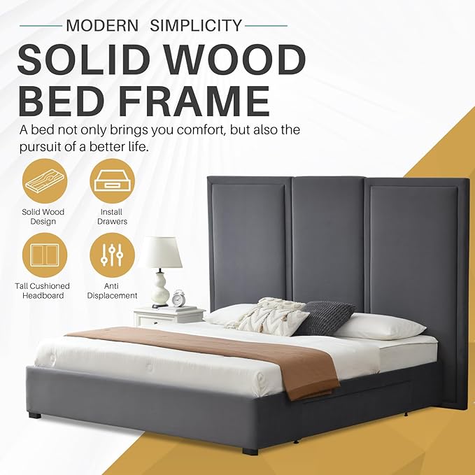 YUHUASHI King Size Bed Frame with 64-inch High Headboard Simple and Airy Linen Upholstered Platform Bed with Storage Drawers Wood Slat No Noise (Grey King (U.S. Standard))