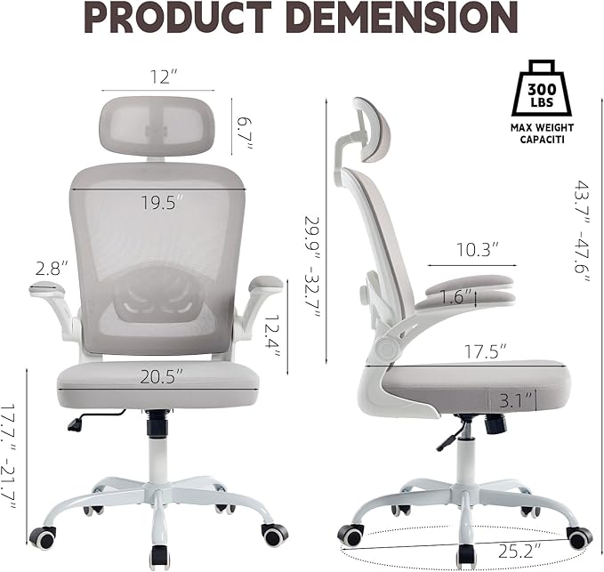 Ergonomic Office Chair with 3D Adjustable Lumbar Support Mesh High Back 75° Rotating Headrest Rocking Function 300lbs Capacity Black/White (White)