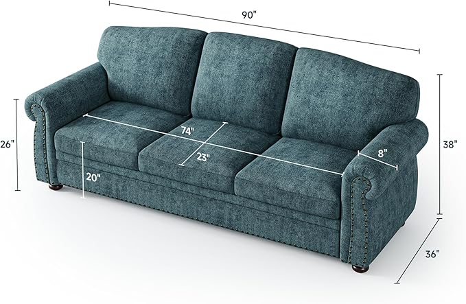 ONBRILL 90 Inch Rolled Arm Sofa for Living Room Deep Seat Nailhead Trim Couch Comfy 3 Seater Chenille Couch w/Wooden Leg Springs Seat Cushion Large Traditional Sofa for Farmhouse Blue