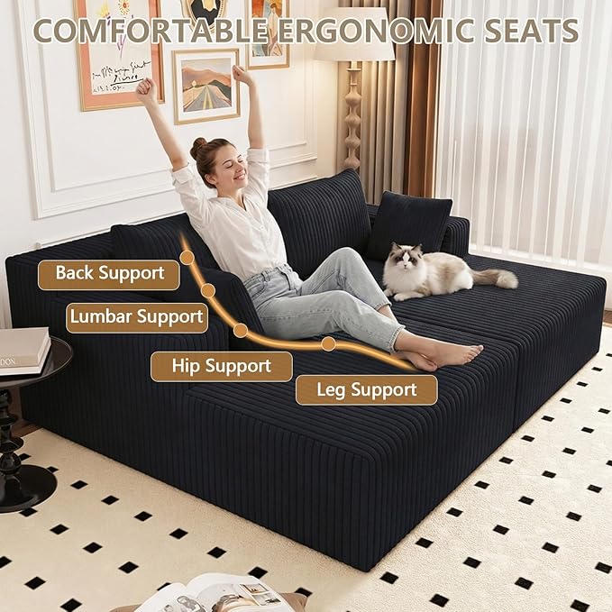 70.8 Oversized Boneless Double Chaise Lounge Chair Indoor Upholstered Corduroy Cloud Chaise Lounges with 4 Pillows Modern Deep Seat Loveseat Sleeper Sofa for Living Room Bedroom Apartment Black