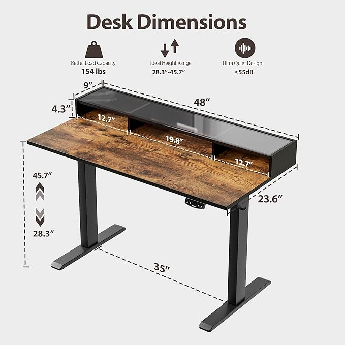 Agilestic Glass Standing Desk with Storage 48 Inch Electric Adjustable Desk with Glass Shelf Sit Stand Up Home Office Computer Table Splice Board Rustic Brown