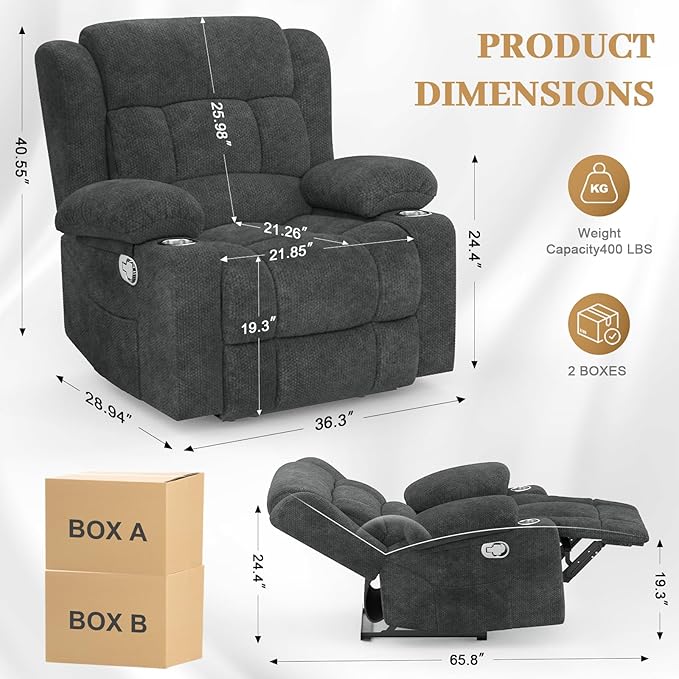 Recliner Chair for Adults Oversized Fabric Manual Pull Tab Reclining Chair with Cup Holders Minimalist Style Single Sofa for Living Room RV (Grey)