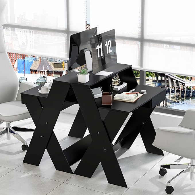 Tangkula 2-Tier Computer Desk with Storage Drawer Small Writing Desk with Monitor Stand Riser Thoughtful Footrest &amp X-Shaped Legs Compact Study Table for Small Space Home &amp Office (Black)