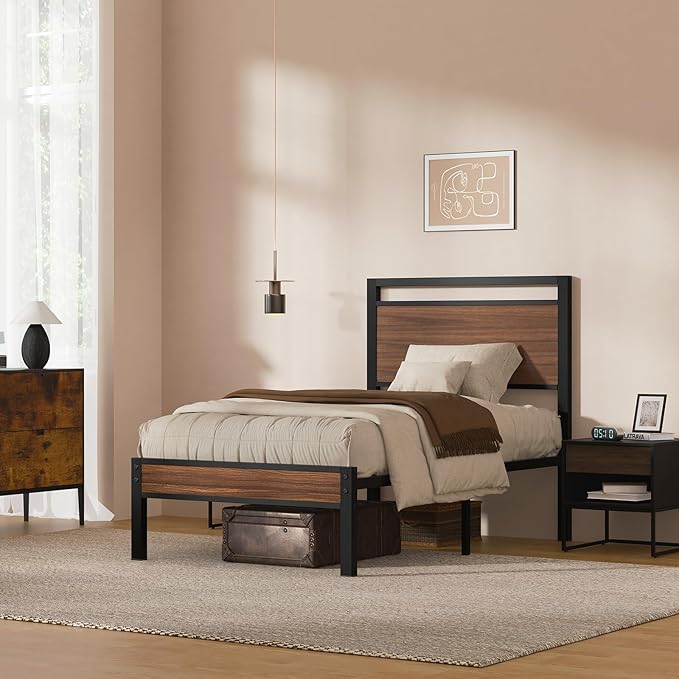 Z-hom Upgraded Twin Bed Frames Heavy Duty Metal Sturdy Bed Frame Twin Size with Modern Wood Headboard &amp Footboard Stable Platform Bed Furniture Bed Storage No Noise No Box SpringsWalnut