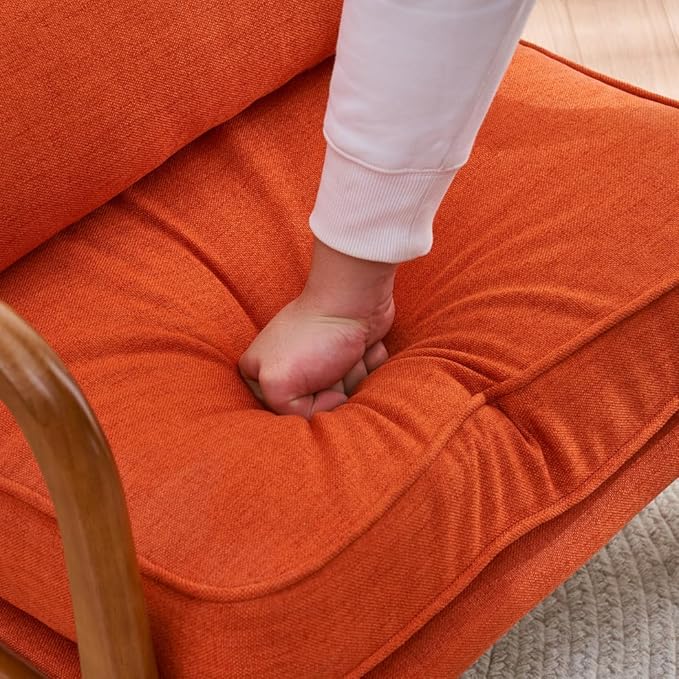 Mid Century Modern Accent Chairs Single Linen Lounge Reading Armchair with Solid Wood Frame Easy Assembly Arm Chairs for Living Room-Orange
