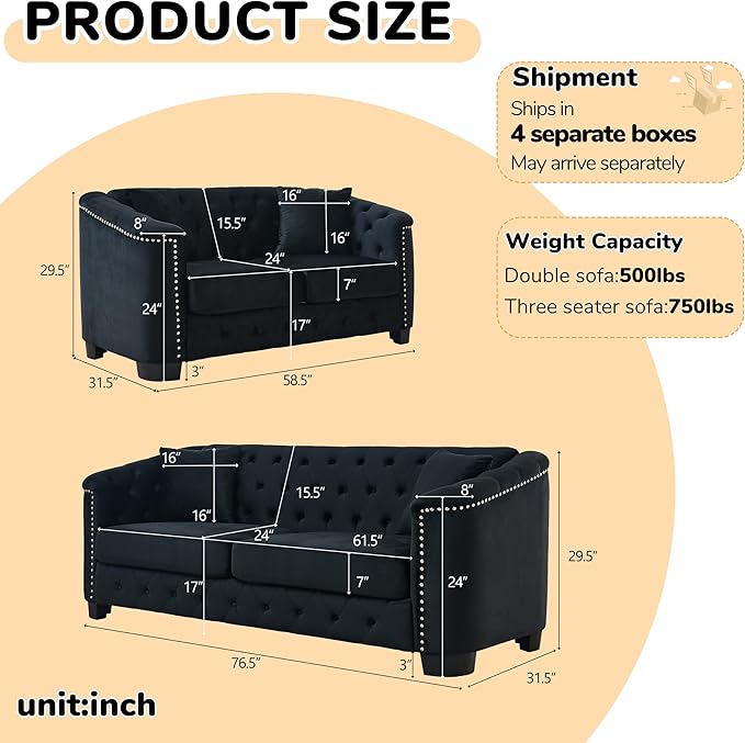 2 Piece Modern Chesterfield Velvet 77 3-Seater + 59 Loveseat Sofa Set Upholstered Tufted Backrests with 8 Nailhead Arms and 4 Cushions for Living Room (Black 77 3-Seater + 59 Loveseat Sofa Set)